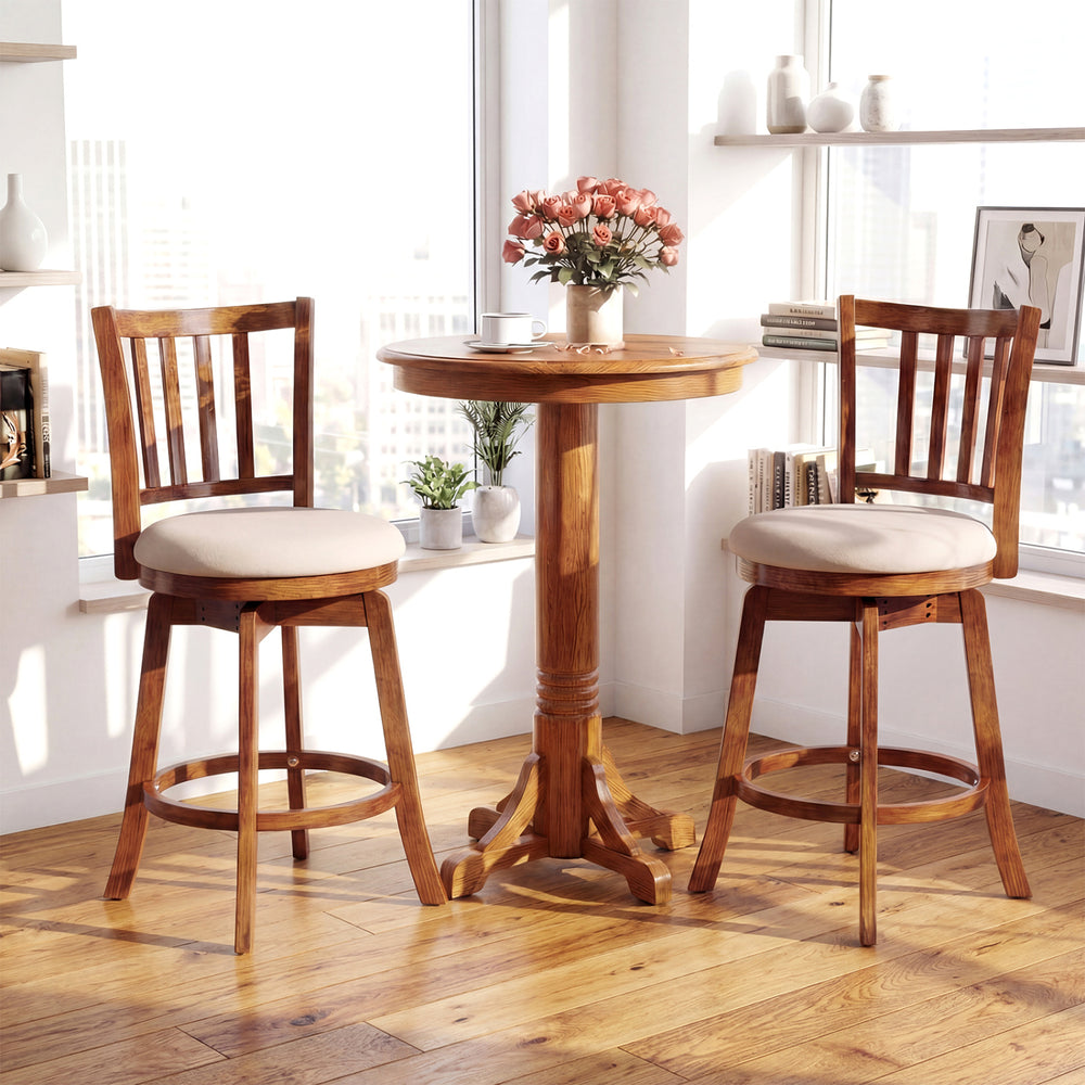 Counter height chairs set with backrest and upholstered seat, featuring solid rubberwood construction for kitchen or.