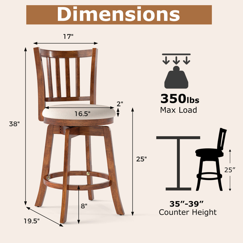 360° rotating counter height chair with upholstered seat, solid rubberwood, and ergonomic backrest for kitchen use.