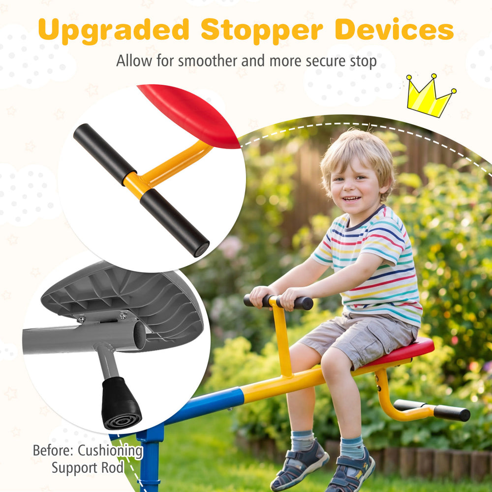 Kids enjoying the 360° rotation seesaw with upgraded stopper devices for a secure stop and smooth playtime fun.