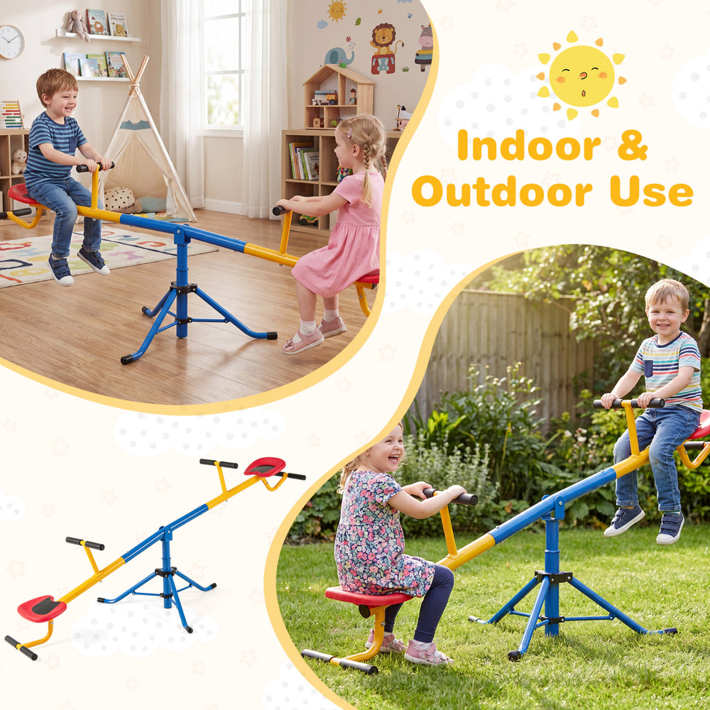 Kids enjoying the 360° rotation seesaw with sturdy carbon steel frame, perfect for indoor and outdoor fun.