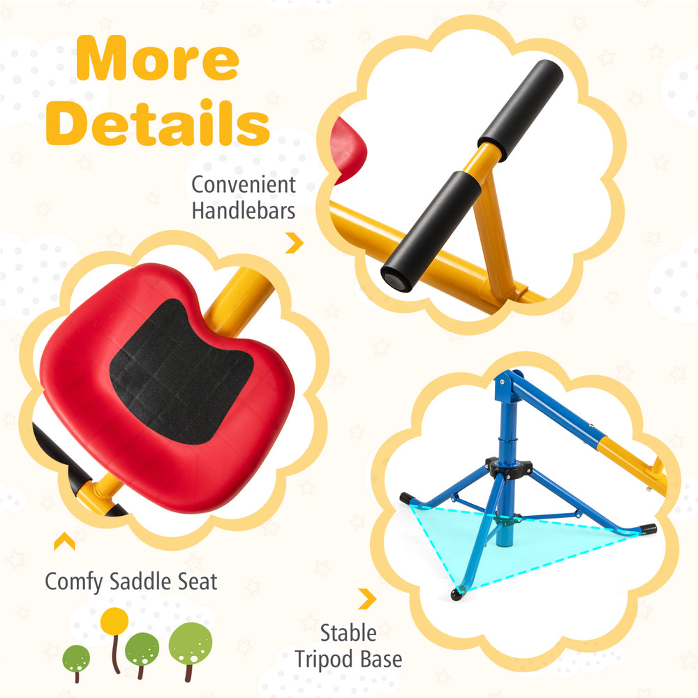 Comfy saddle seat and stable tripod base of the 360°Rotation Kids Seesaw Swivel Teeter Totter for playground fun.