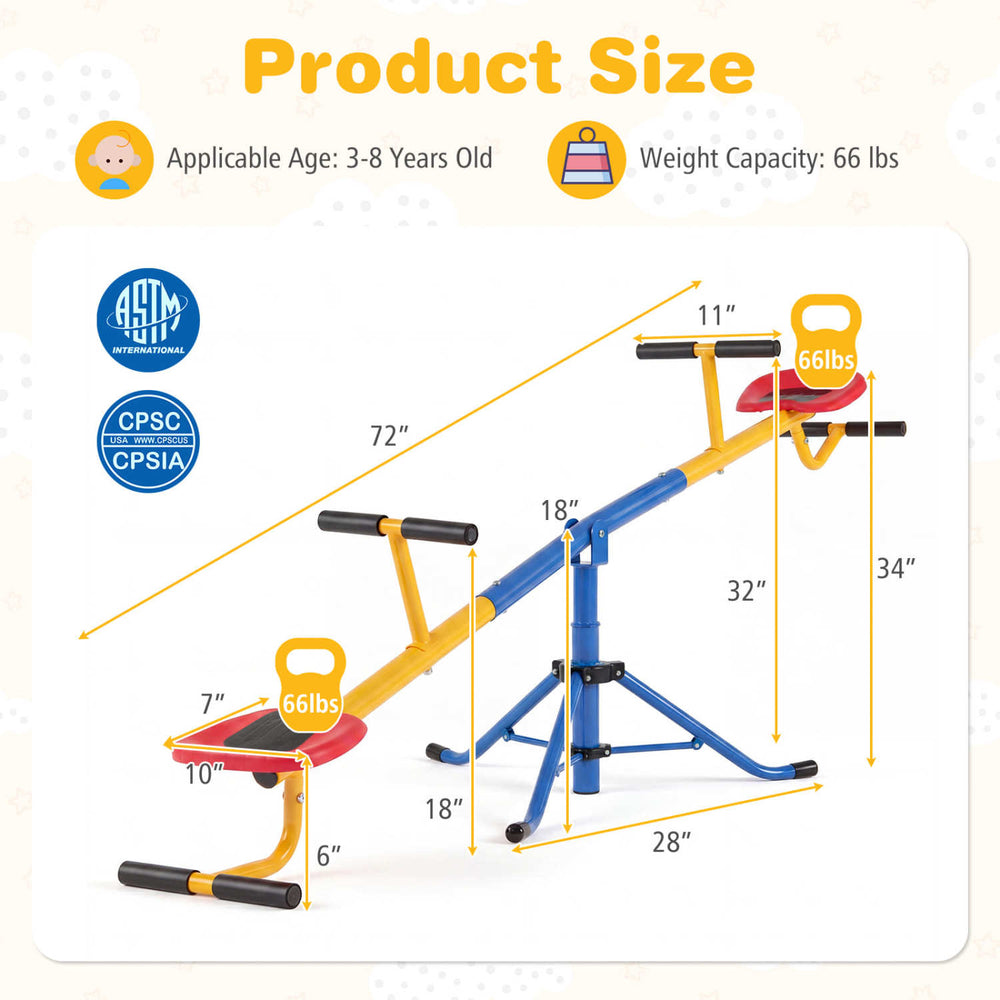 Kids seesaw with 360° rotation, sturdy carbon steel frame, and molded seats, suitable for ages 3-8, weight capacity 66.
