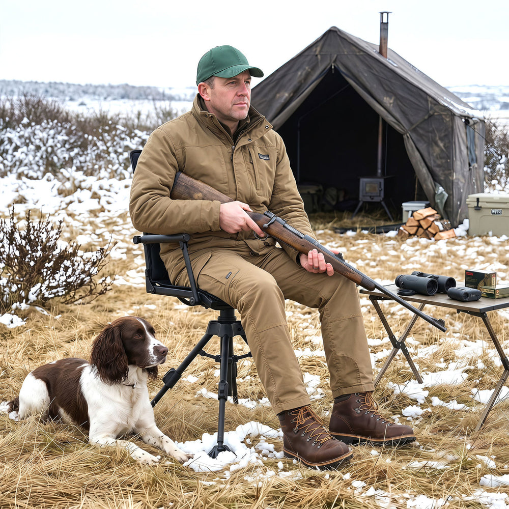 360° silent swivel hunting seat with inclined backrest and detachable cushion, designed for comfort during extended outdoor use.