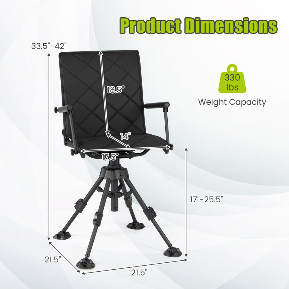 Product dimensions of the 360° silent swivel hunting seat with adjustable height and sturdy metal construction for outdoor use.