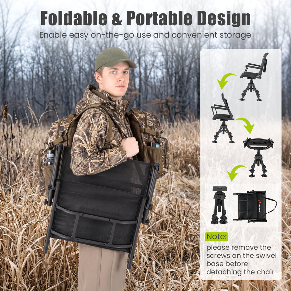 Foldable and portable 360° silent swivel hunting seat with adjustable height and breathable mesh for outdoor use.