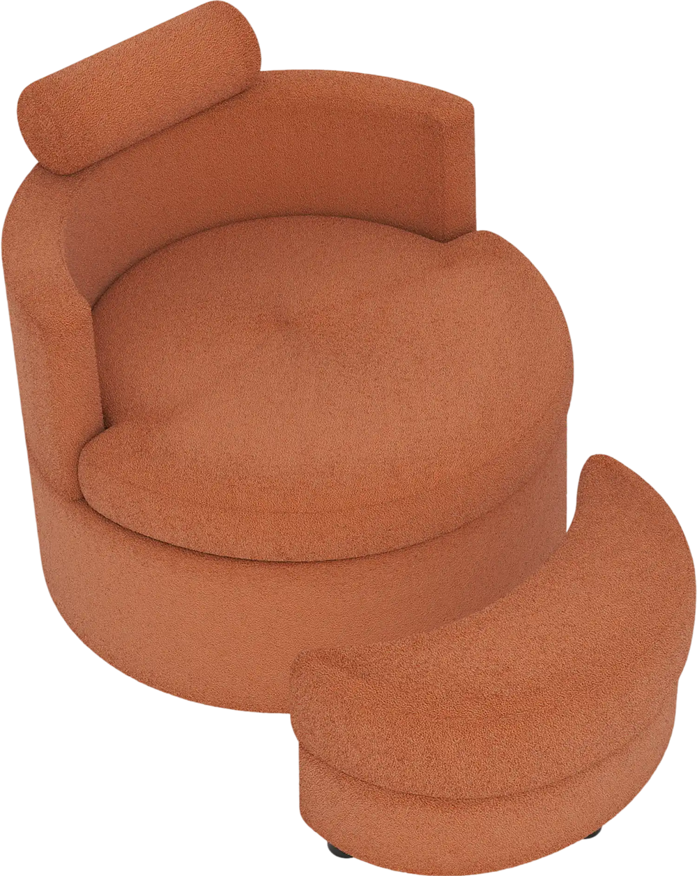 Light brown 360° swivel accent chair with half moon storage ottoman, featuring comfy backrest and hidden storage.