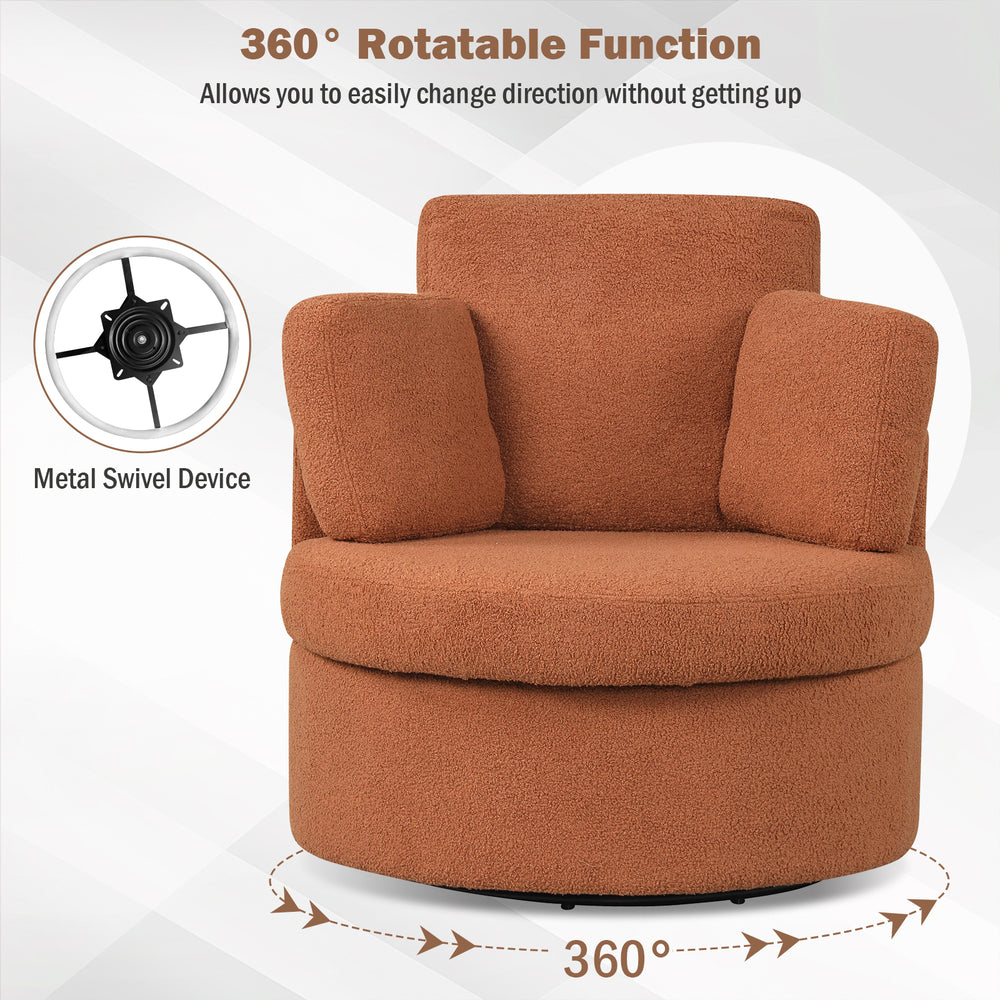 Light brown 360° swivel accent chair with curved armrests and hidden storage ottoman, perfect for living rooms and.