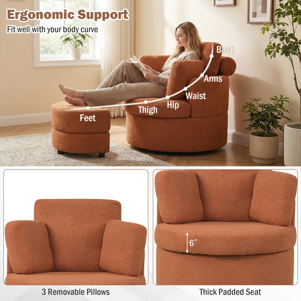 Light brown 360° swivel accent chair with thick padded seat and removable pillows, ideal for living rooms or bedrooms.