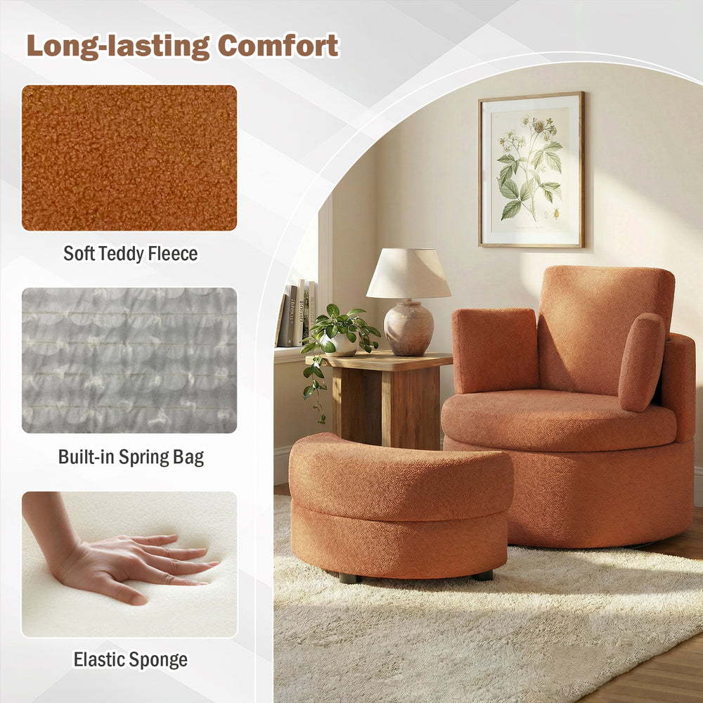 Light brown 360° swivel accent chair with a half moon storage ottoman, featuring soft teddy fleece and comfy backrest.