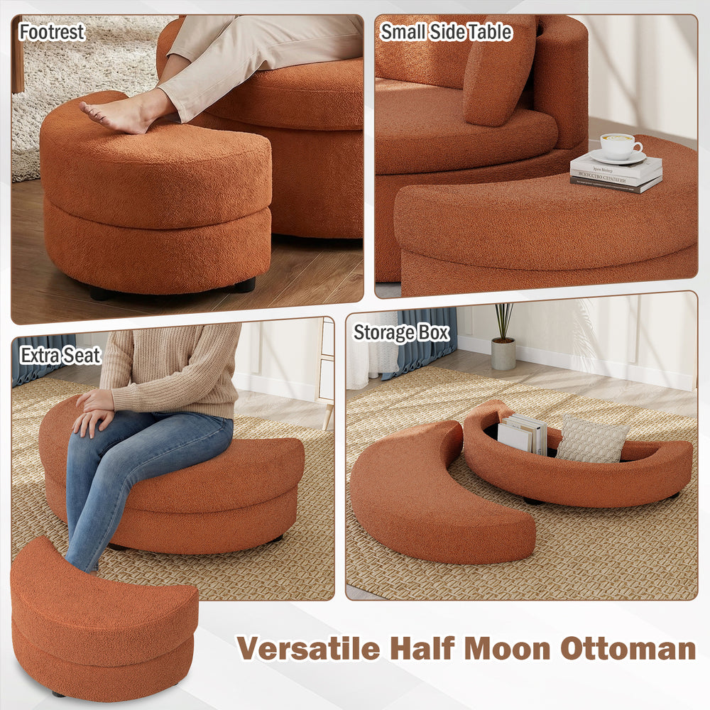 Versatile half moon ottoman in light brown, serving as a footrest, side table, and storage box for added functionality.