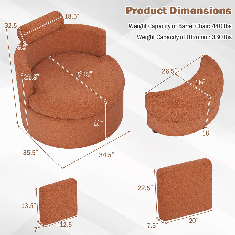 Dimensions of the light brown 360° swivel accent chair and half moon storage ottoman with hidden storage.