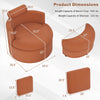 Dimensions of the light brown 360° swivel accent chair and half moon storage ottoman with hidden storage.