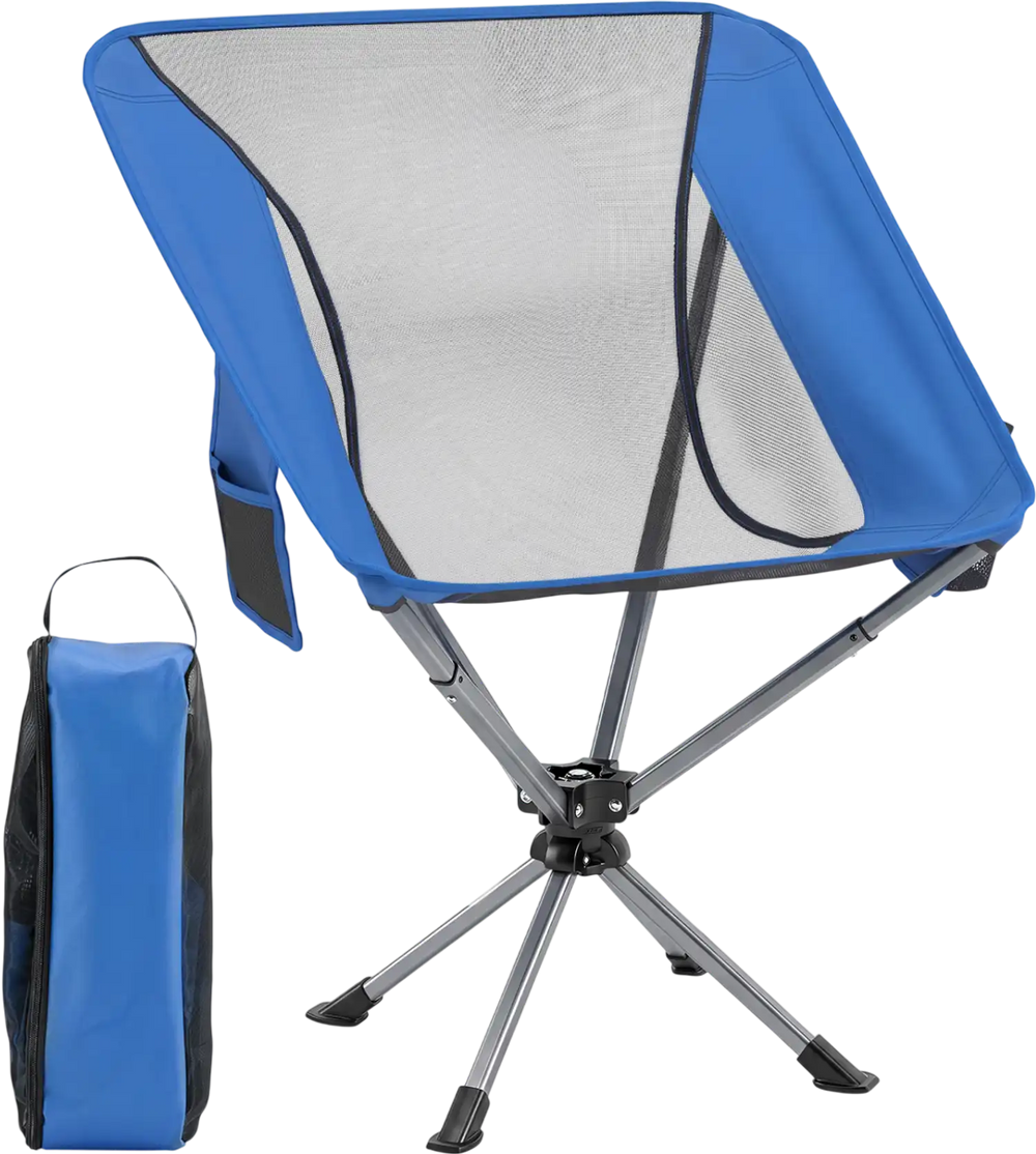 Blue 360° swivel camping chair with cup holder and side pocket, made of durable 600D Oxford fabric for outdoor use.