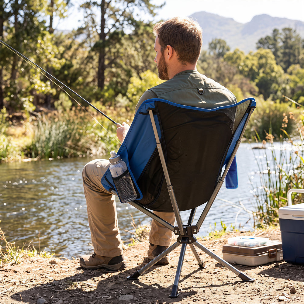 360° swivel camping chair in blue with a cup holder and side pocket, perfect for fishing and outdoor activities.