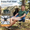 360° swivel camping chair in blue features a cup holder and side pocket, perfect for outdoor activities and easy storage.