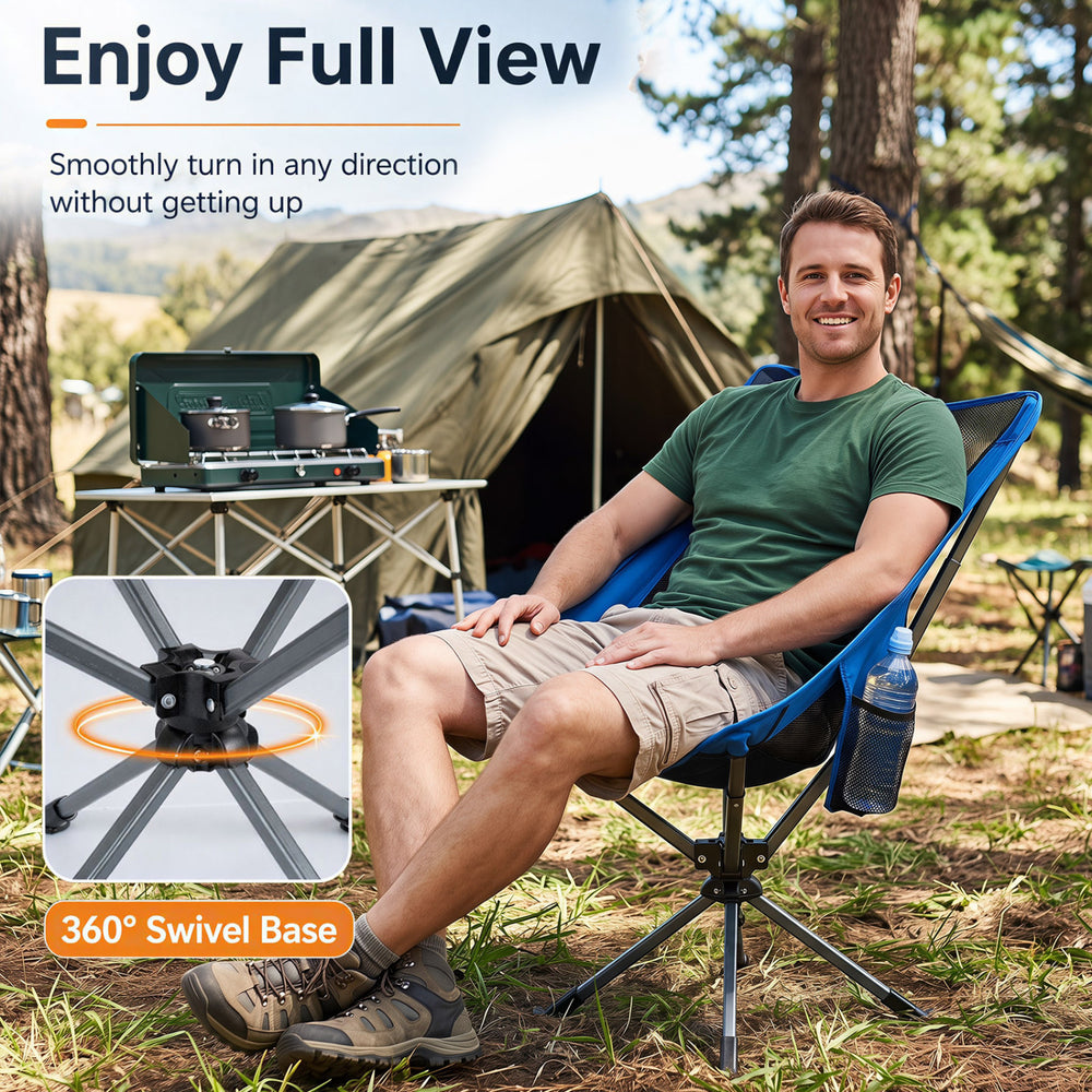 360° swivel camping chair in blue features a cup holder and side pocket, perfect for outdoor activities and easy storage.