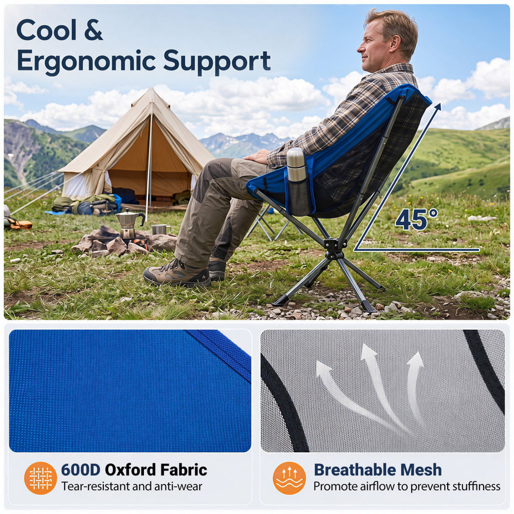 360° swivel camping chair in blue features tear-resistant 600D Oxford fabric and a built-in cup holder for outdoor comfort.