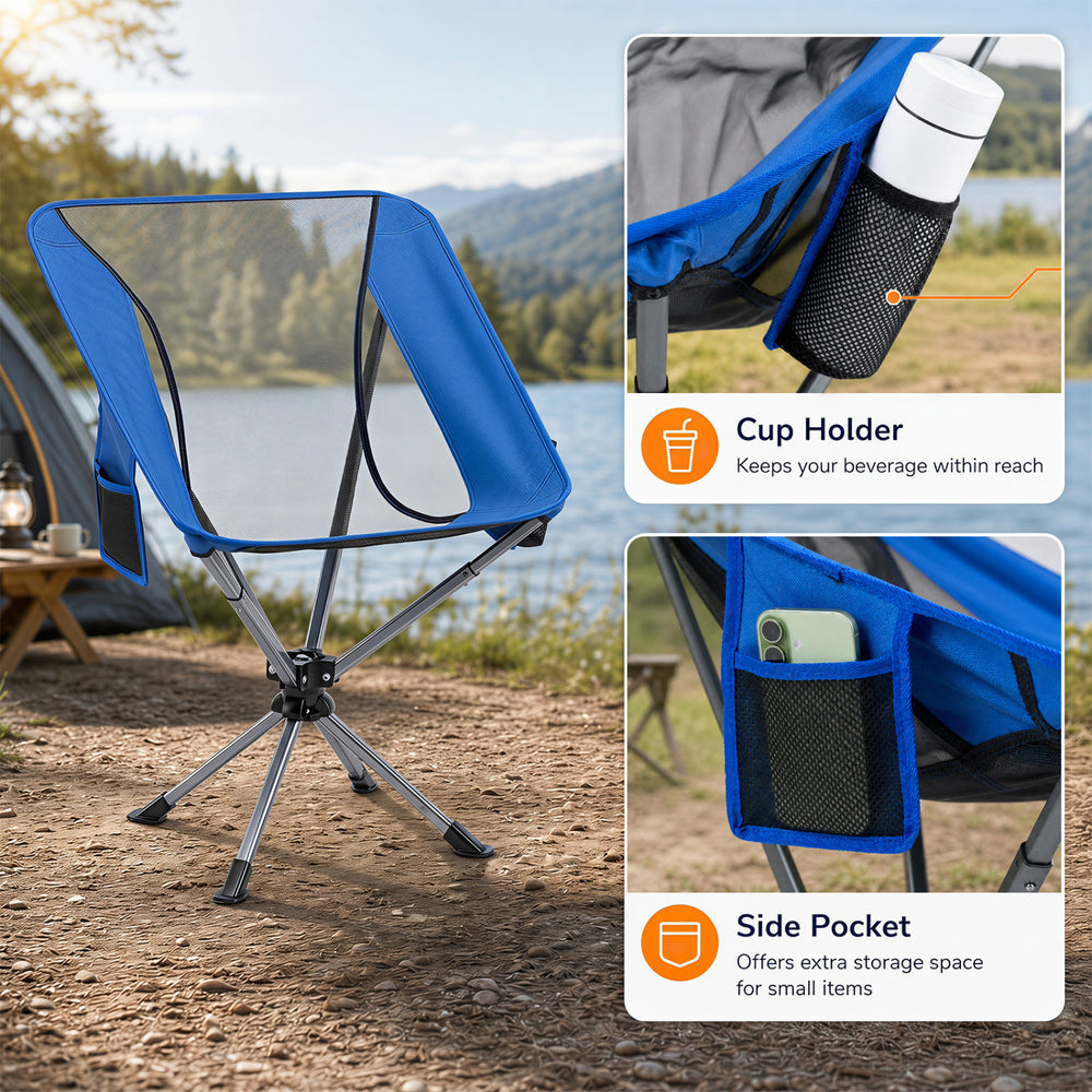 360° swivel camping chair in blue features a cup holder and side pocket, perfect for outdoor activities and support up to 300 lbs.