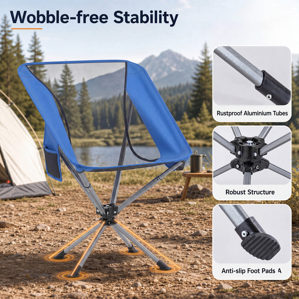 360° swivel camping chair in blue with rustproof aluminium tubes, cup holder, and anti-slip foot pads for outdoor use.