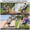 360° swivel camping chair in blue with cup holder and side pocket, perfect for outdoor activities like fishing and beach trips.