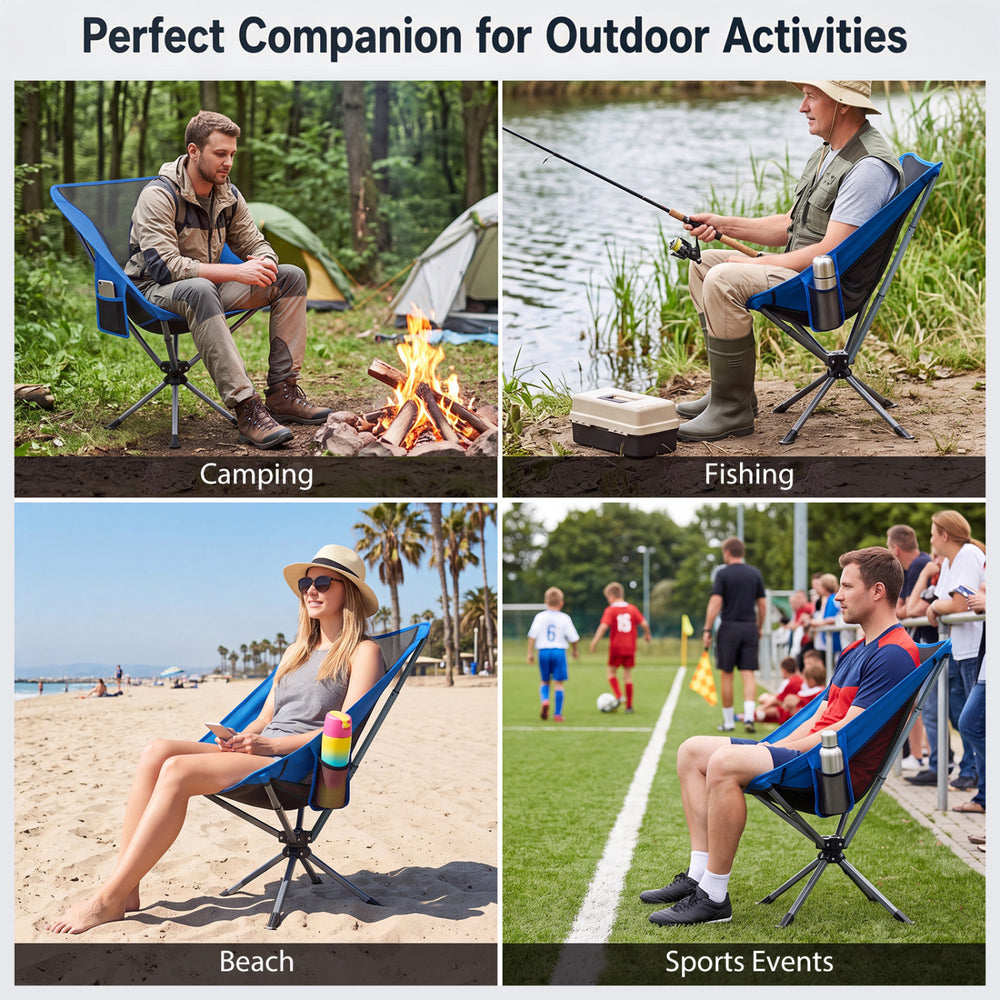 360° swivel camping chair in blue with cup holder and side pocket, perfect for outdoor activities like fishing and beach trips.