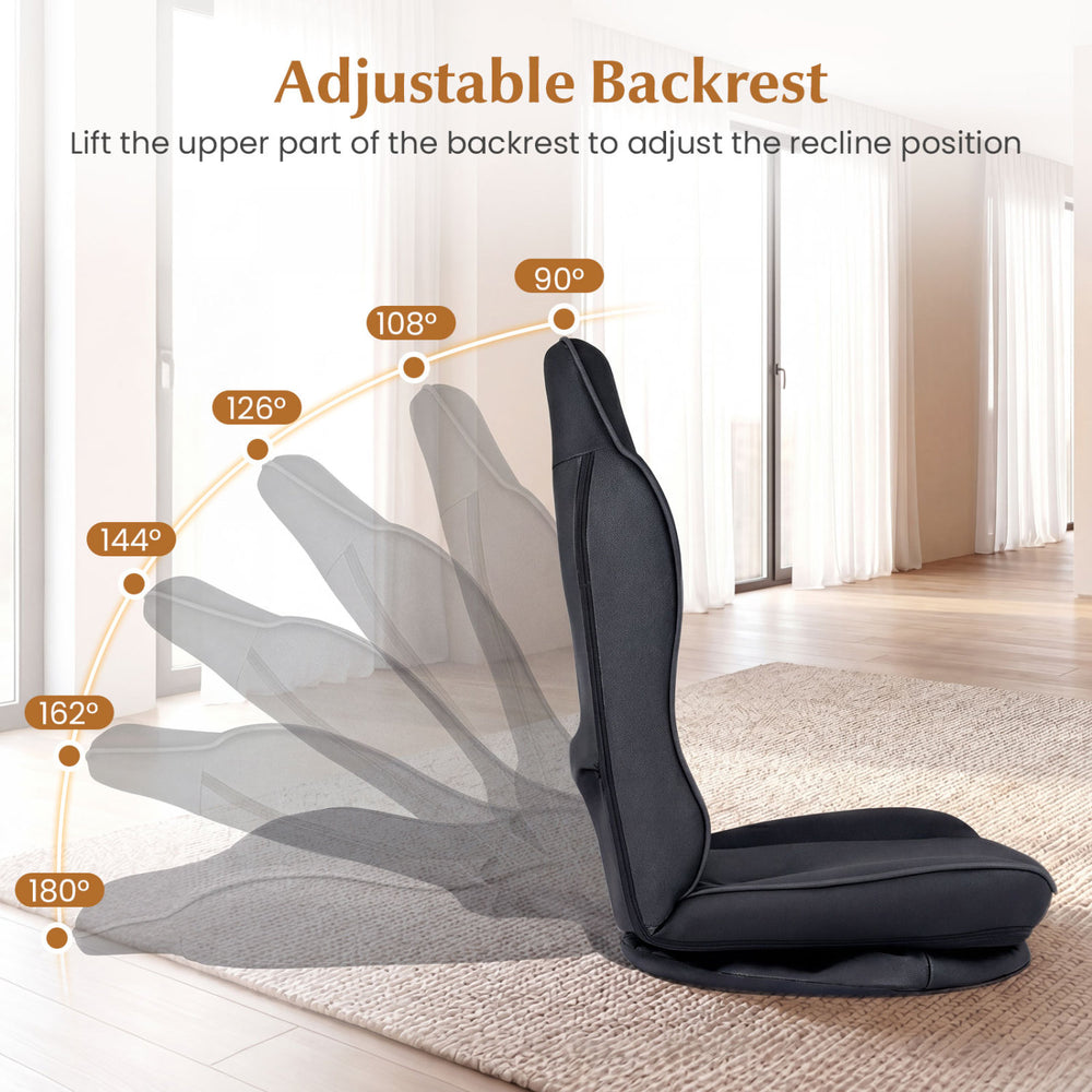 Adjustable backrest of the 360° swivel floor gaming chair in black, showcasing multiple recline positions for comfort.