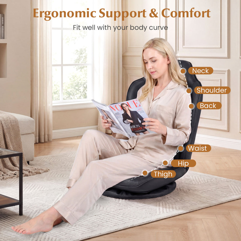 360° swivel floor gaming chair in black with adjustable backrest, providing ergonomic support for neck, back, and.