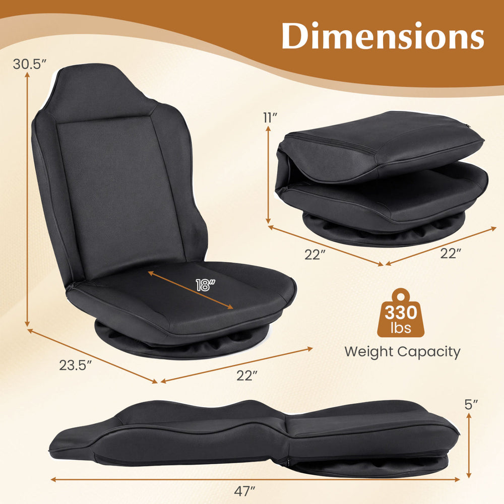 360° swivel floor gaming chair in black with adjustable backrest, ergonomic support, and easy-to-clean artificial.