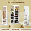 360° swivel freestanding jewelry cabinet with lighted full-length mirror and open storage shelves for easy access.