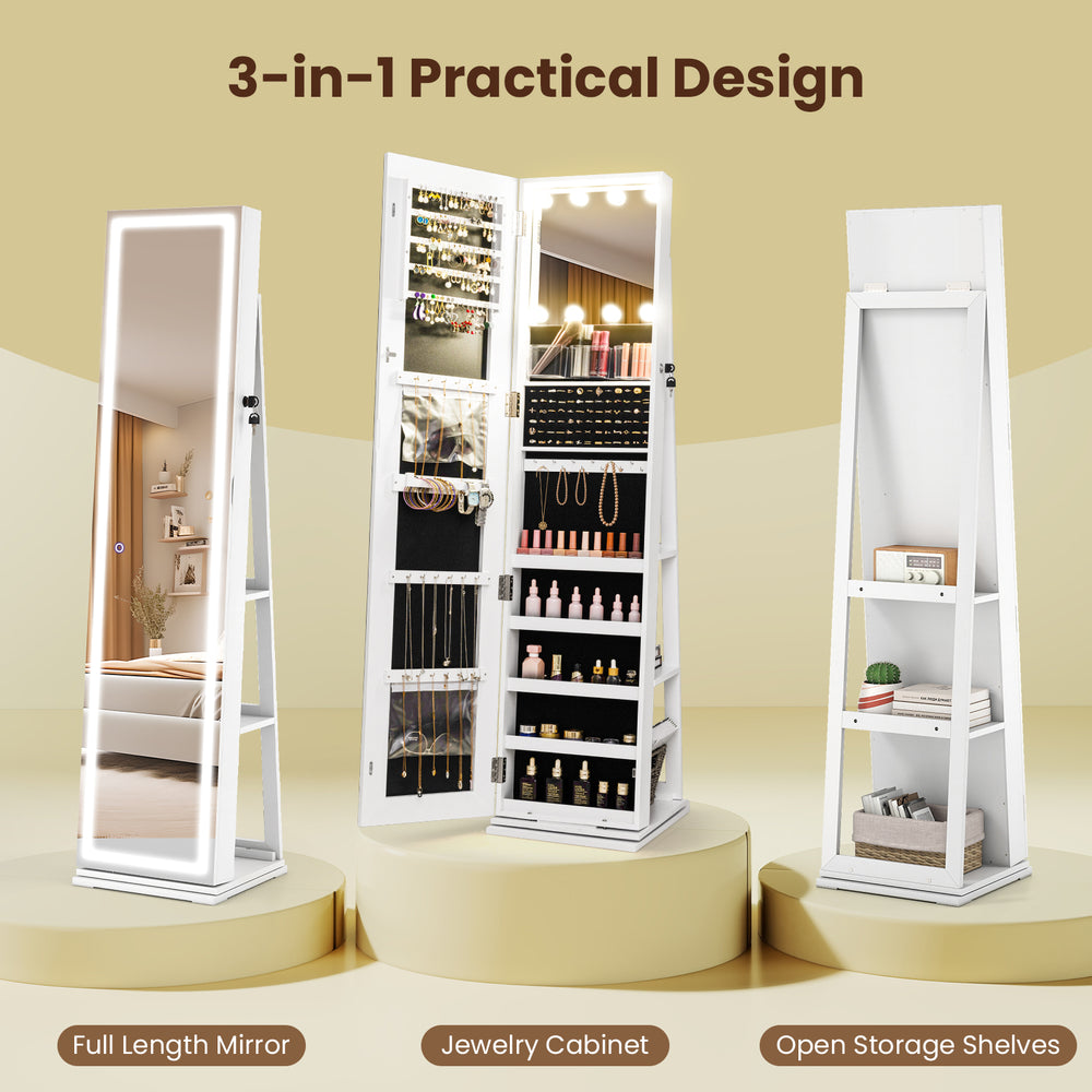 360° swivel freestanding jewelry cabinet with lighted full-length mirror and open storage shelves for easy access.