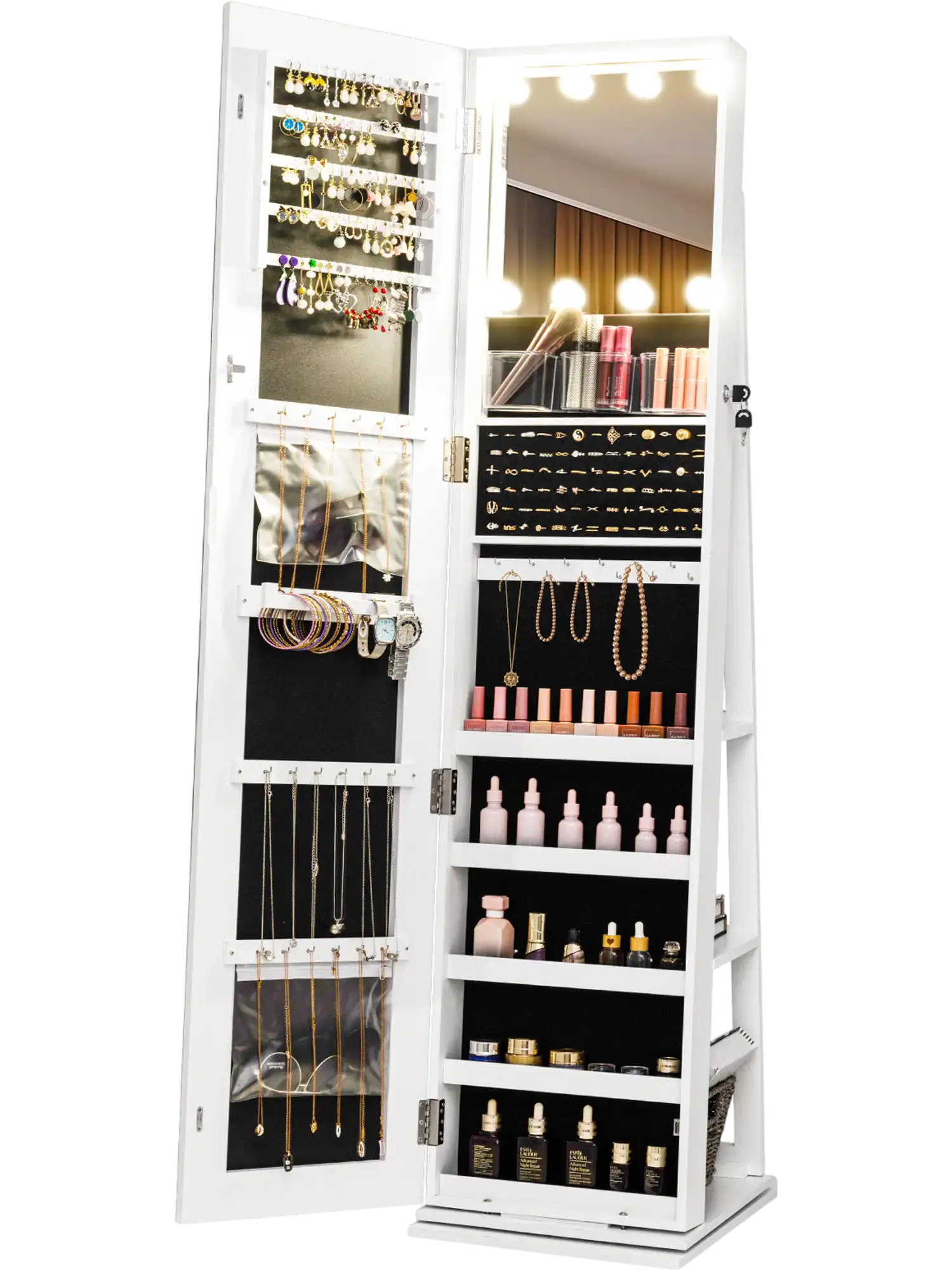 Costway 360° Swivel Freestanding Jewelry Armoire Cabinet w/ Lighted Full Length Mirror 33558908 New