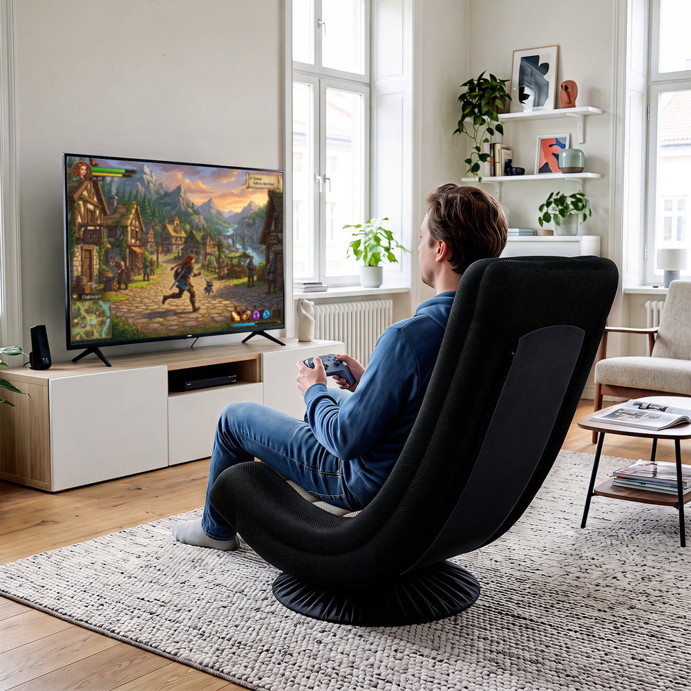 360° swivel gaming chair in black and gray with adjustable backrest, ideal for lounging and gaming in any room.