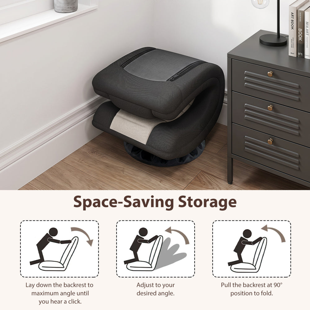 360° swivel gaming chair in black and gray with a 4-position adjustable backrest for versatile lounging and storage.