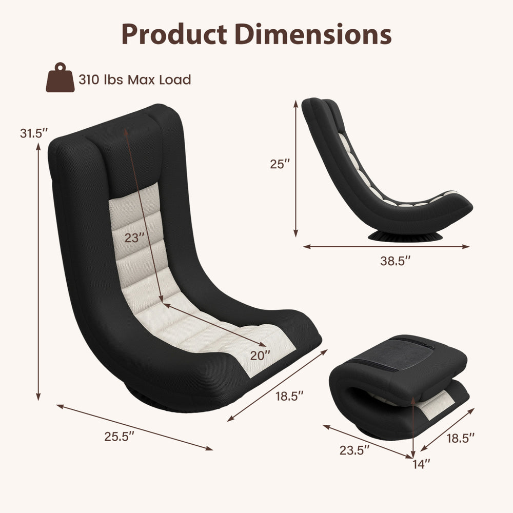 360° swivel gaming chair in black and gray with adjustable backrest, ideal for gaming or lounging in any room.