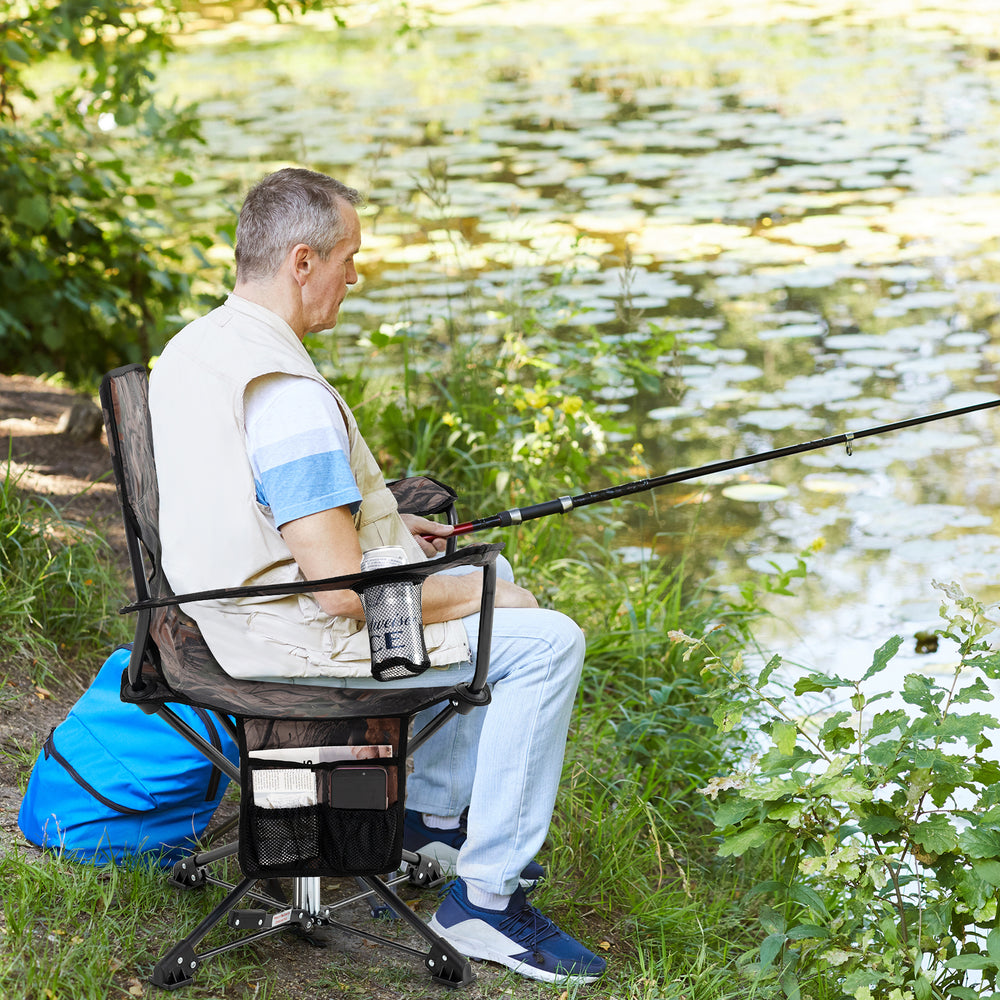 360° swivel hunting chair with camo fabric, portable and foldable, ideal for fishing and outdoor activities.