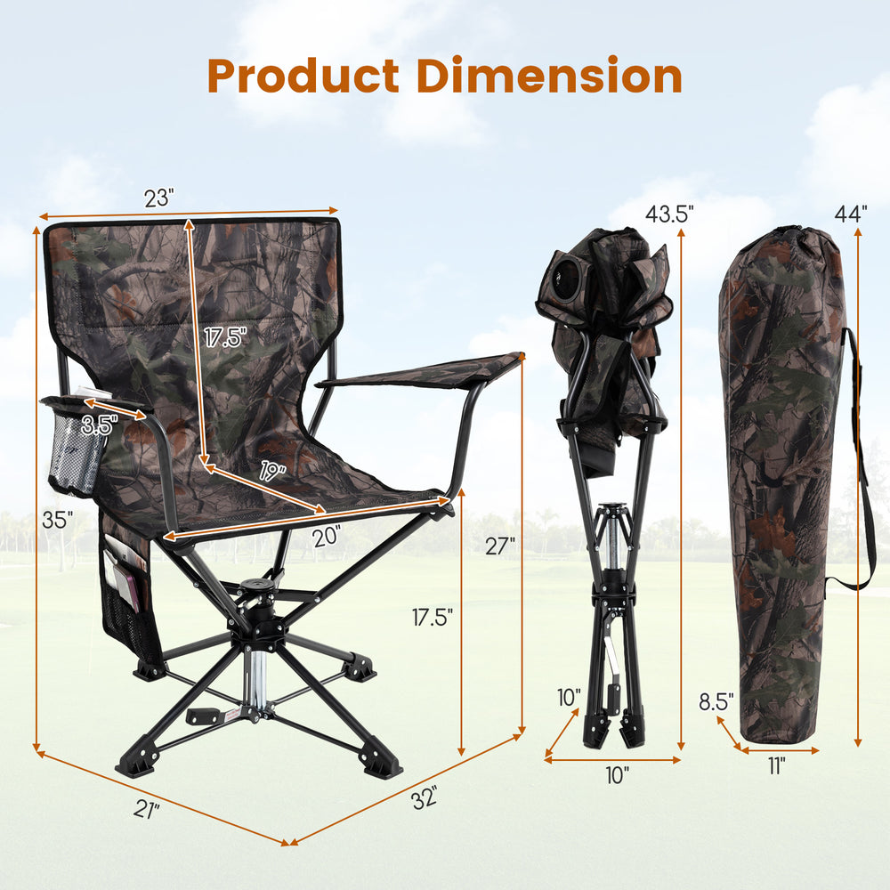 Portable foldable hunting chair with 360° swivel, camo fabric, and sturdy metal frame for outdoor activities.