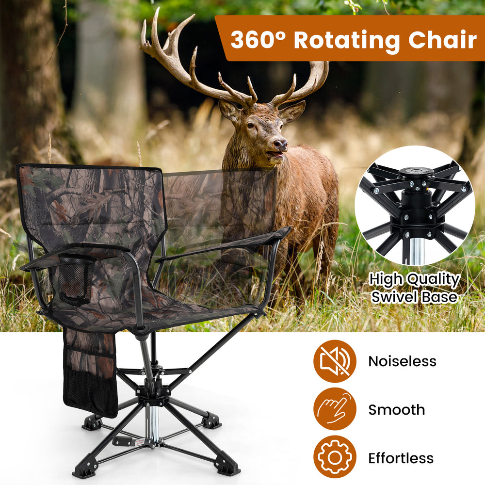 360° swivel hunting chair in camo with armrests, sturdy metal frame, and portable design for outdoor activities.