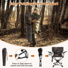 Portable foldable camo hunting chair with 360° swivel seat, armrests, and side storage pockets for outdoor activities.