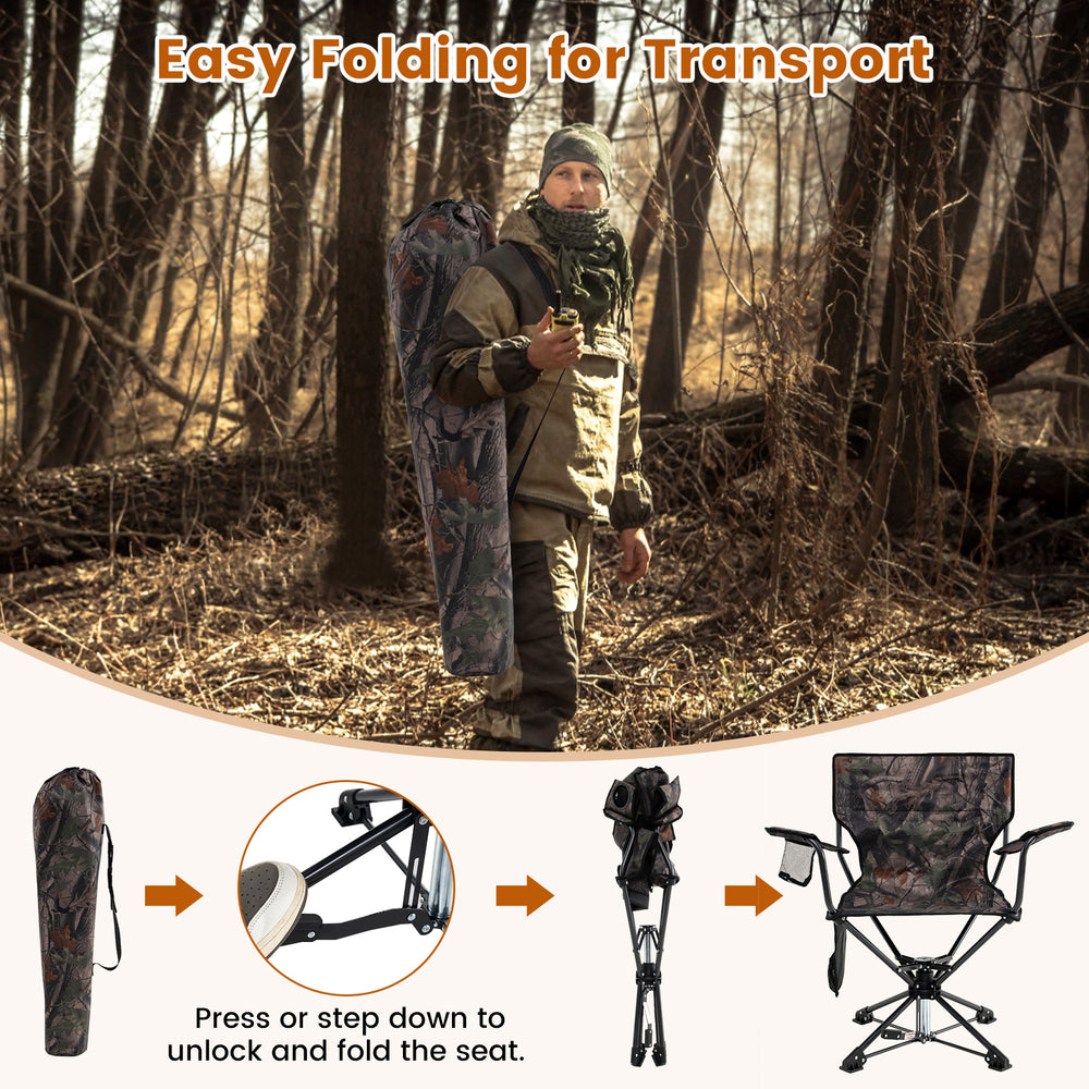 Portable foldable camo hunting chair with 360° swivel seat, armrests, and side storage pockets for outdoor activities.