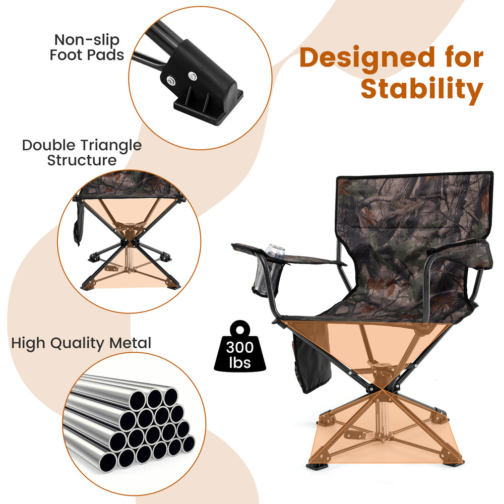 360° swivel hunting chair in camo with high-quality metal frame, non-slip foot pads, and armrests for comfort.