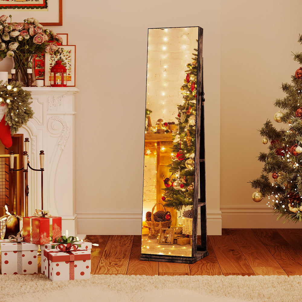 Full-length mirror jewelry cabinet in rustic brown with 360° swivel, LED lights, and open storage for easy access.