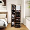 360° swivel jewelry cabinet in rustic brown with full-length mirror and LED makeup lights, ideal for organizing jewelry.