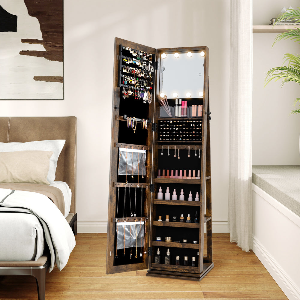 360° swivel jewelry cabinet in rustic brown with full-length mirror and LED makeup lights, ideal for organizing jewelry.
