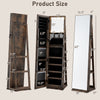 360° swivel jewelry cabinet in rustic brown with full-length mirror, open shelves, and LED makeup mirror for easy.