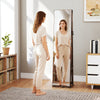360° swivel jewelry cabinet with full-length mirror in rustic brown, featuring open shelves and LED makeup mirror for.