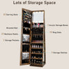 360° swivel jewelry cabinet in rustic brown with full-length mirror, featuring ample storage for jewelry and cosmetics.