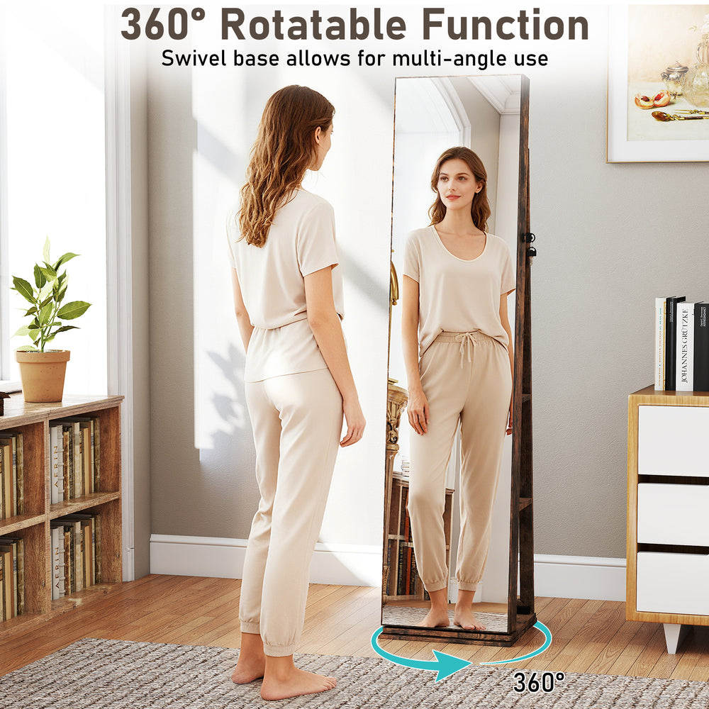 360° swivel jewelry cabinet with full-length mirror in rustic brown, featuring open shelves for easy access and ample.