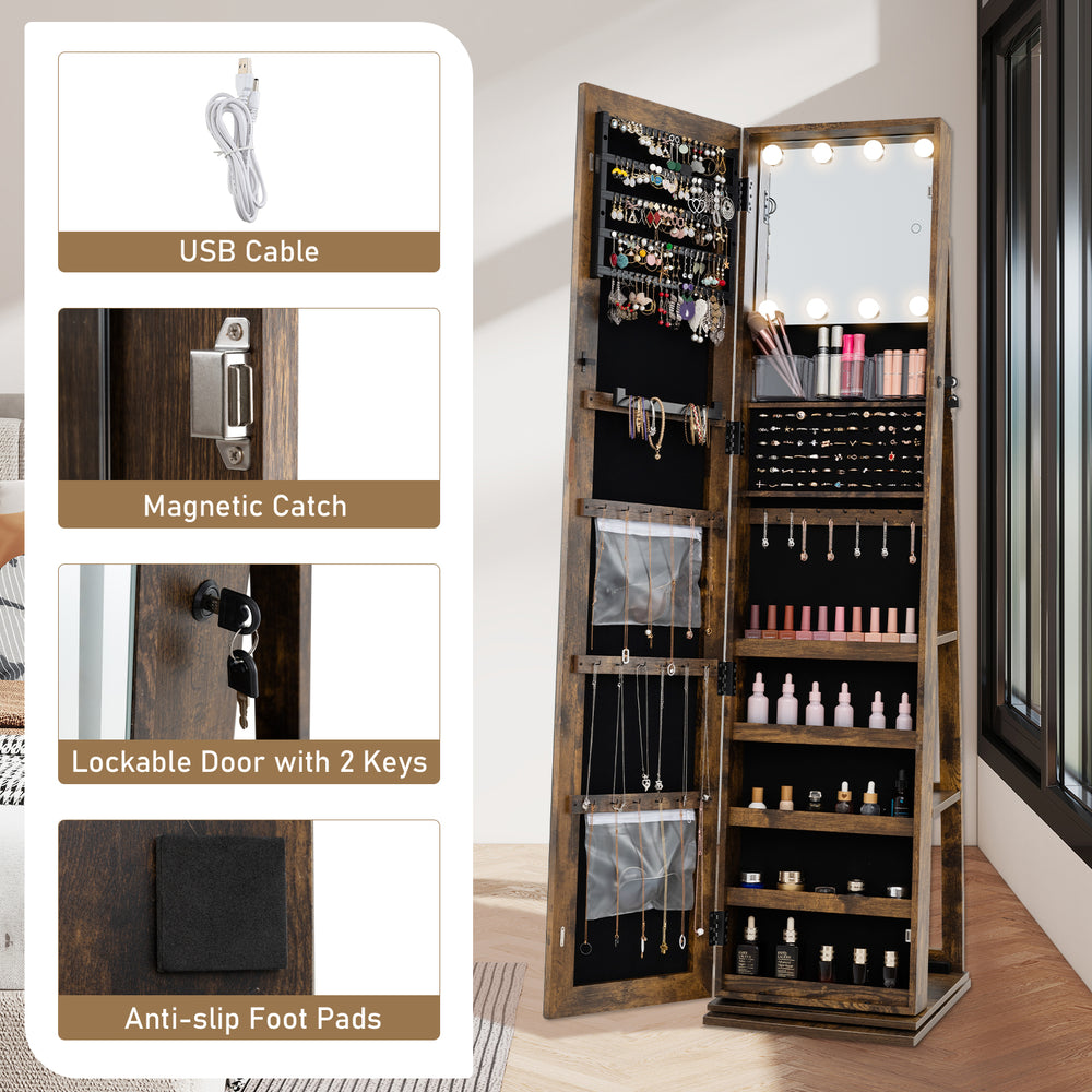 Rustic brown 360° swivel jewelry cabinet showcasing a lockable door with magnetic catch and soft lining for jewelry.