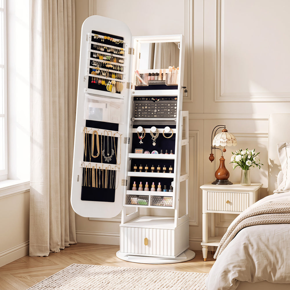 360° swivel jewelry cabinet in white features a full-length mirror, built-in lights, and ample storage for accessories.