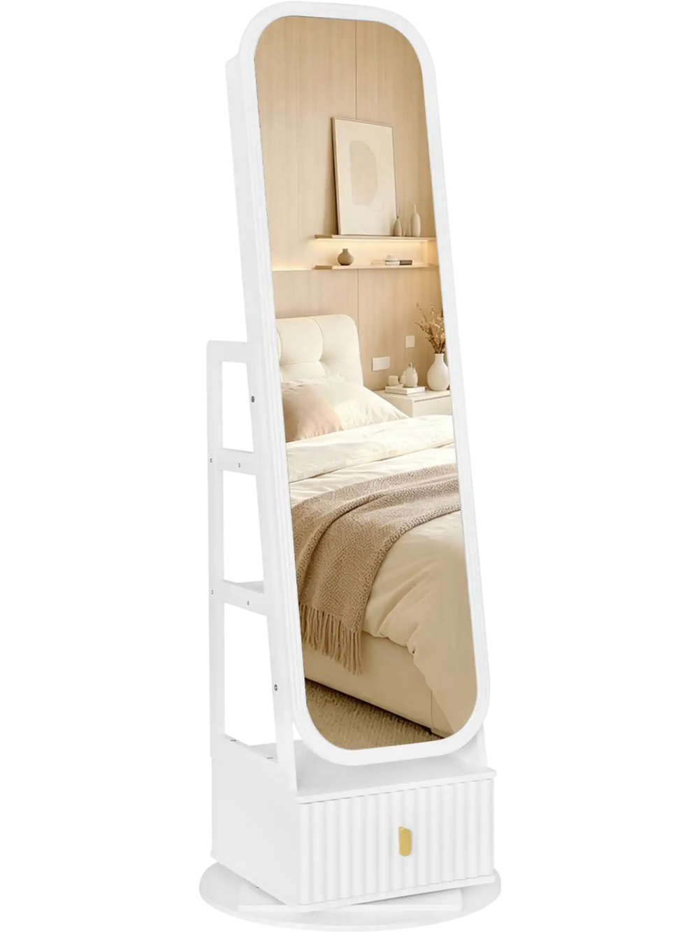 Full-length mirror jewelry cabinet in white with a swivel base, built-in lights, and drop-down makeup shelf for convenience.